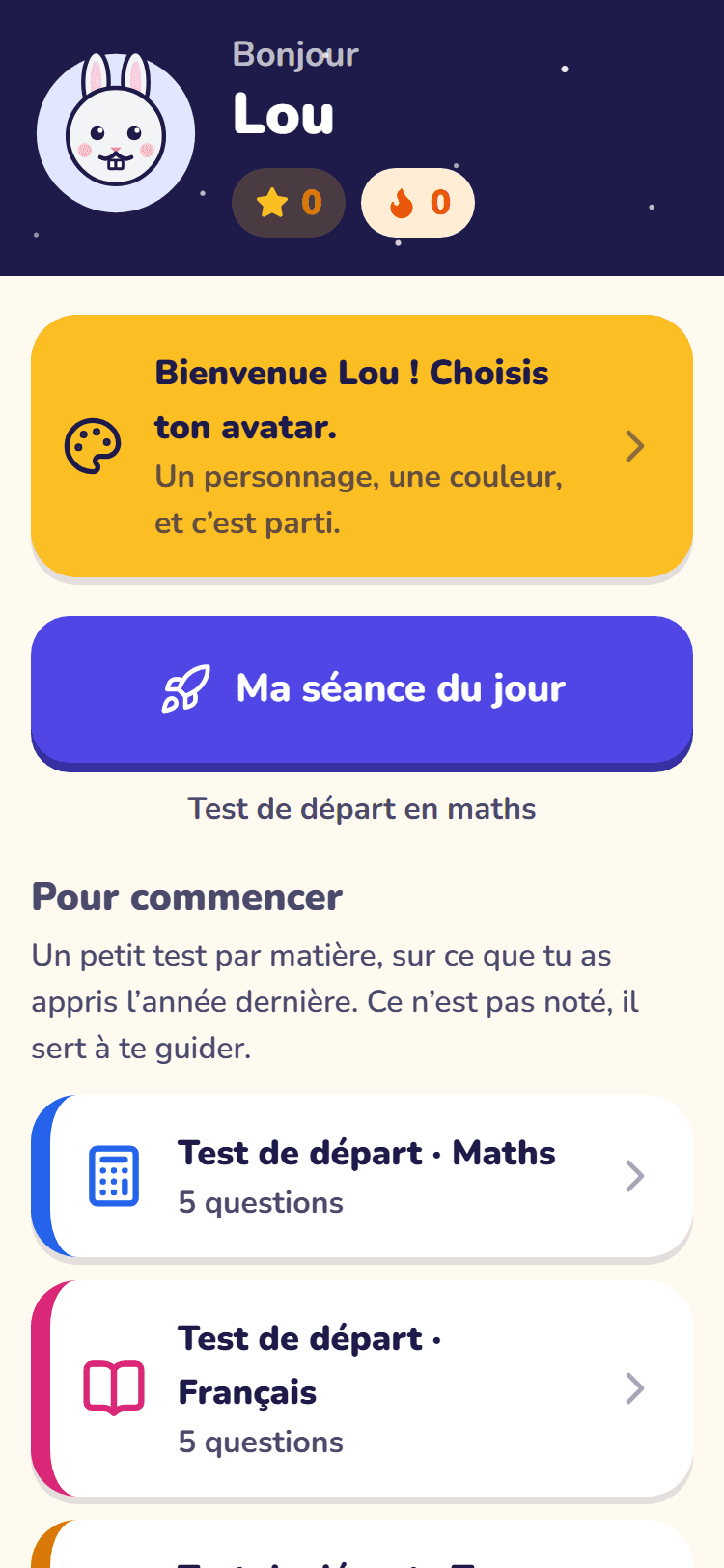 L’atelier d’un enfant dans Scolami : sa prochaine étape, ses étoiles, son avatar